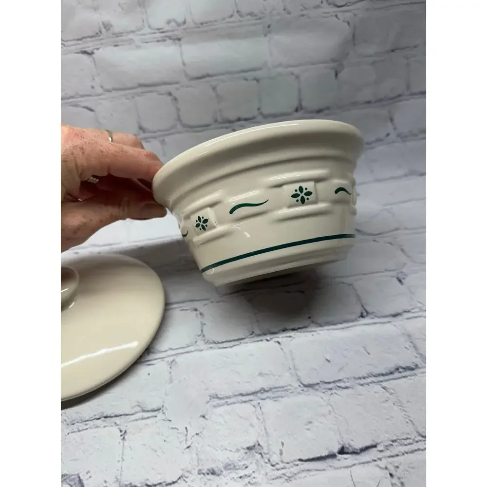 Longaberger Pottery Woven Traditions Green Ivory Butter Tub